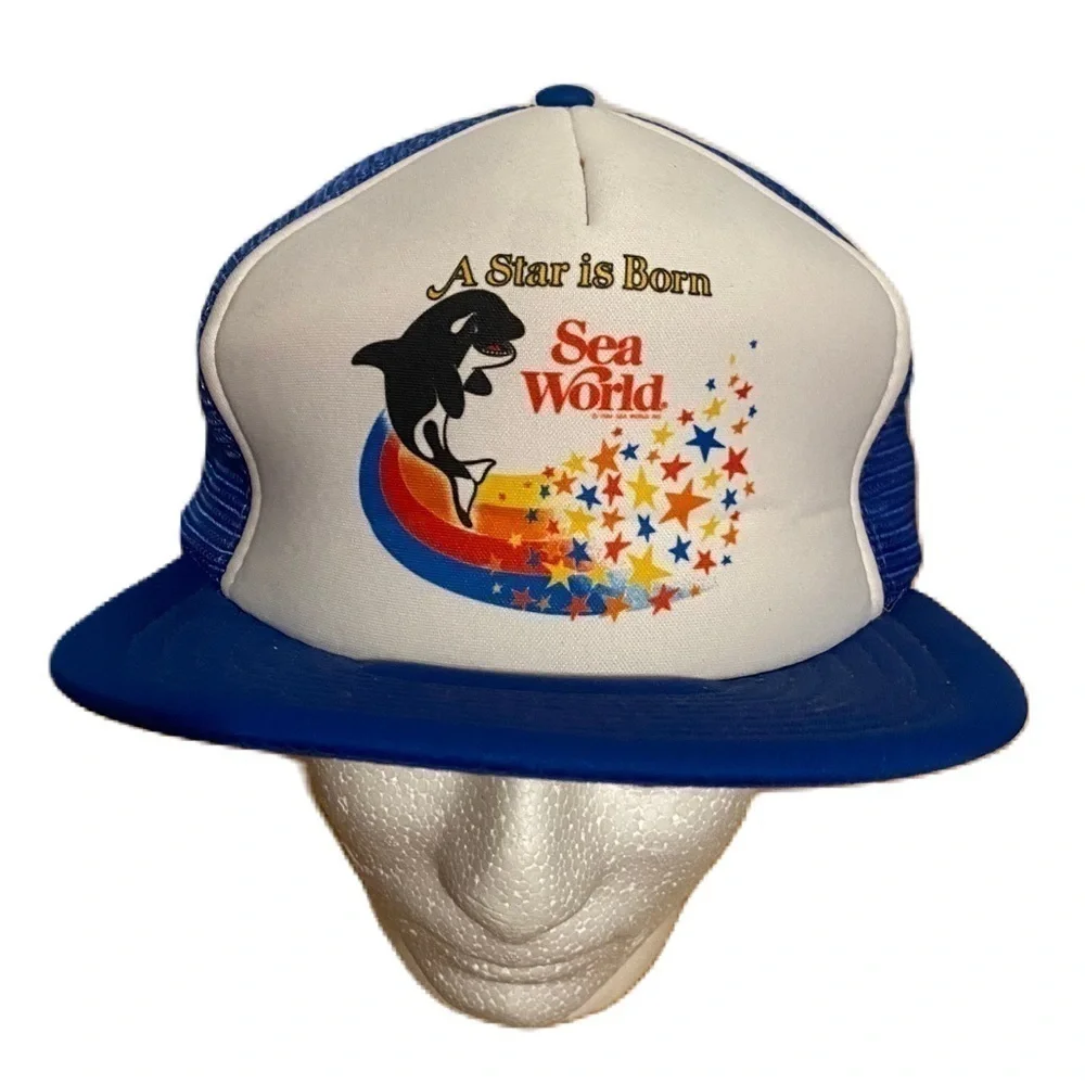 Vintage Sea World Shamu A Star Is Born Mesh Snap Back Trucker Hat Foam Puffy NEW